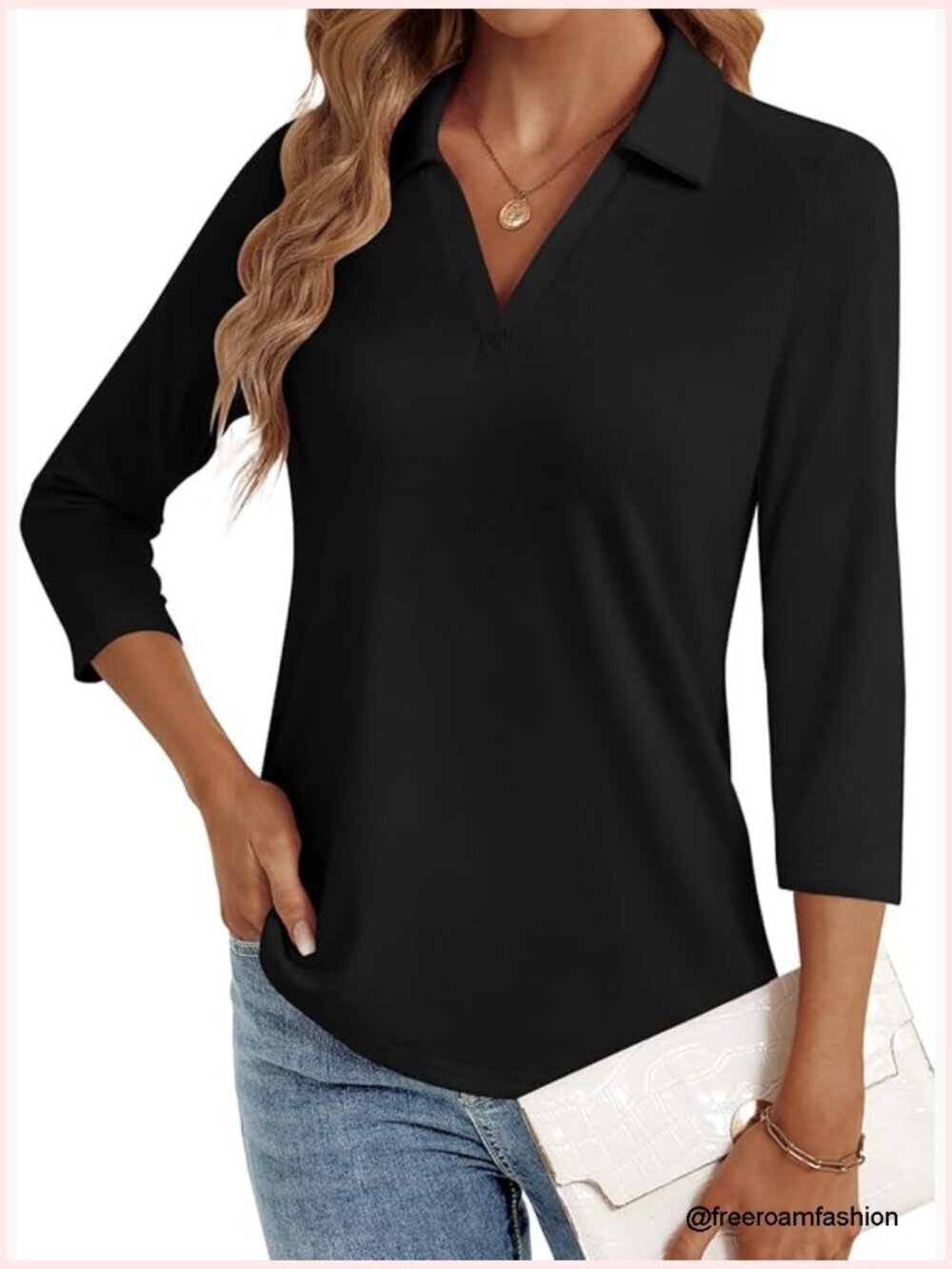 3/4 Sleeve V Neck Polo Blouse Dressy Casual Business Tunic Top